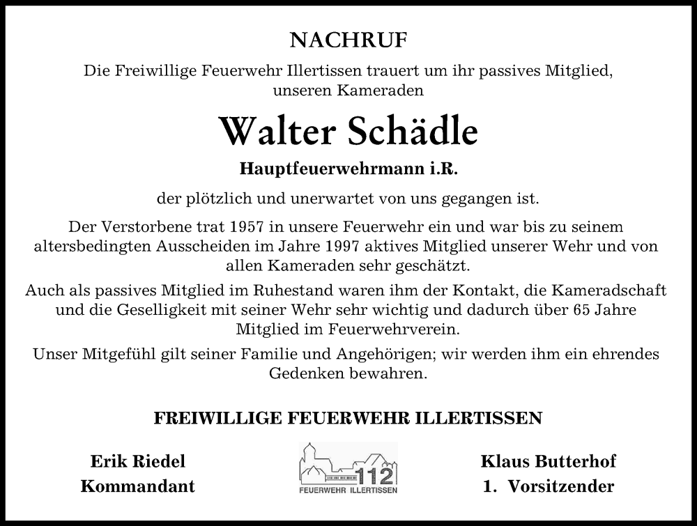  Traueranzeige für Walter Schädle vom 05.12.2023 aus Illertisser Zeitung