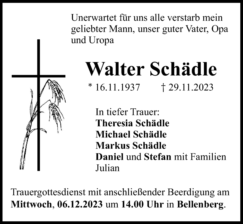  Traueranzeige für Walter Schädle vom 04.12.2023 aus Illertisser Zeitung
