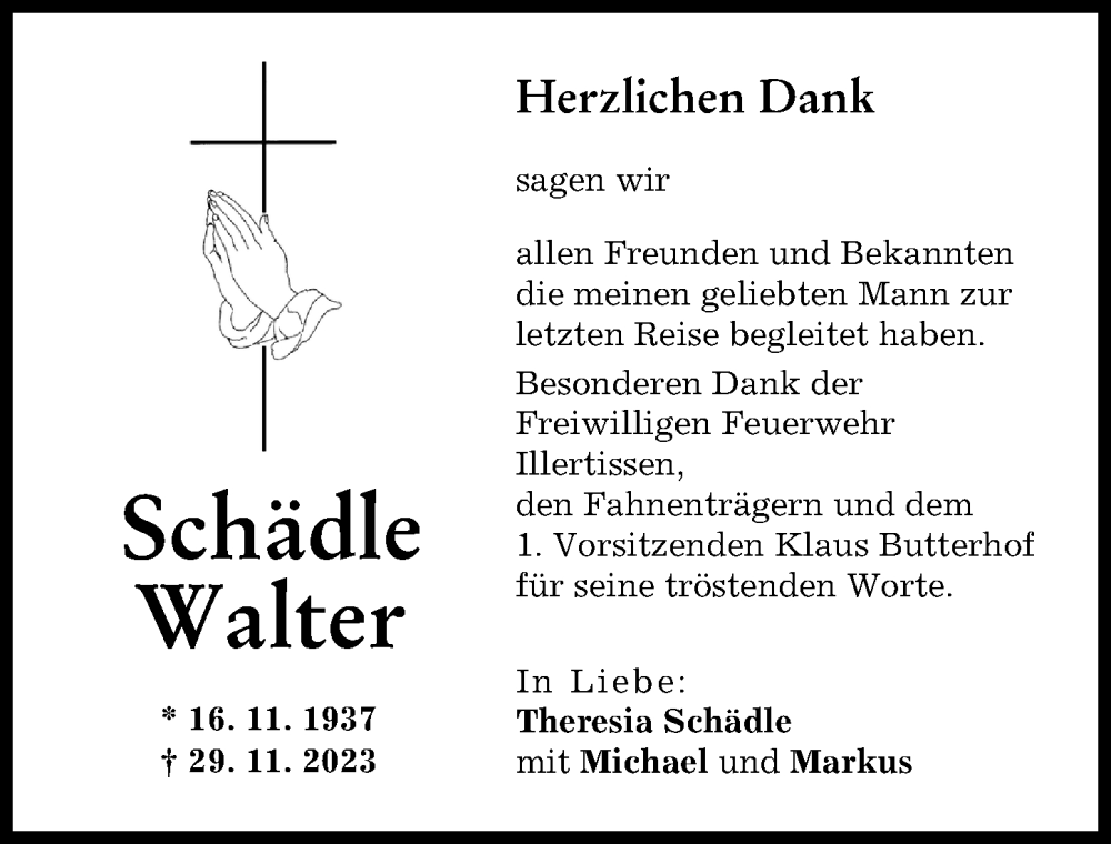  Traueranzeige für Walter Schädle vom 21.12.2023 aus Illertisser Zeitung