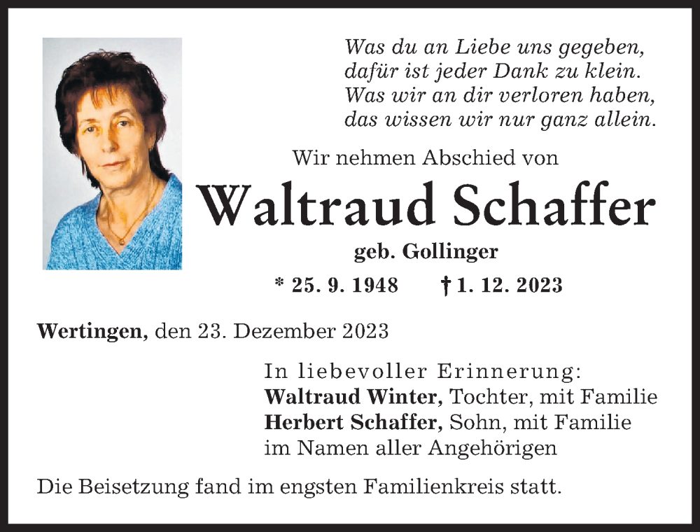 Traueranzeige von Waltraud Schaffer von Wertinger Zeitung