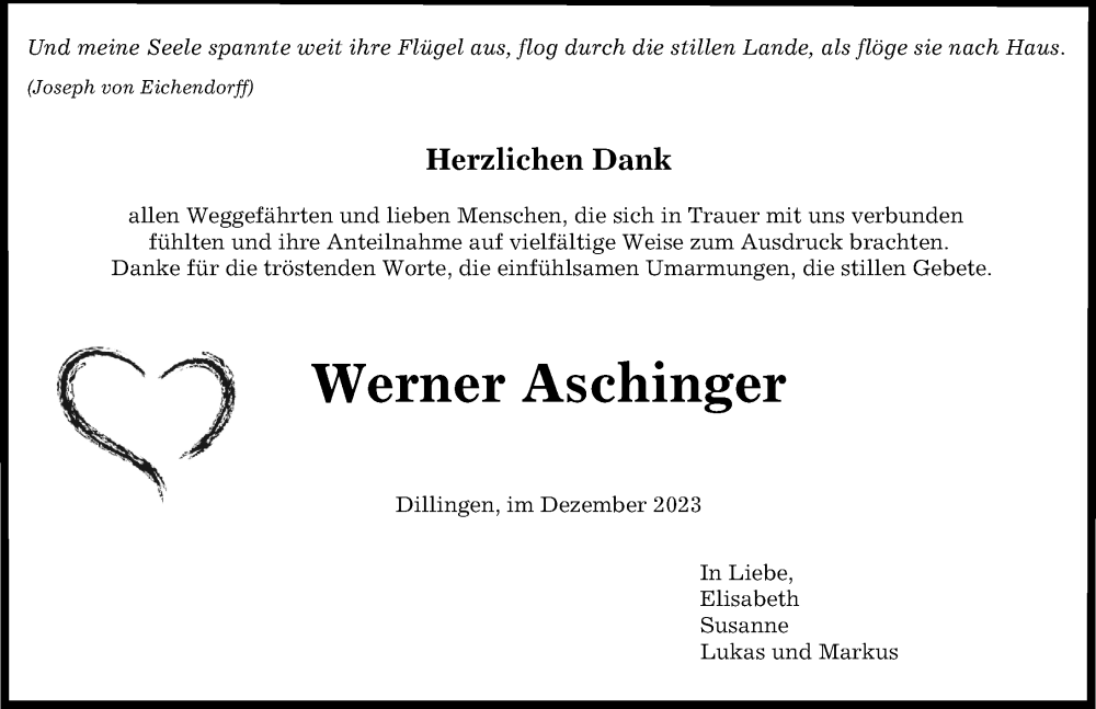  Traueranzeige für Werner Aschinger vom 20.12.2023 aus Donau Zeitung
