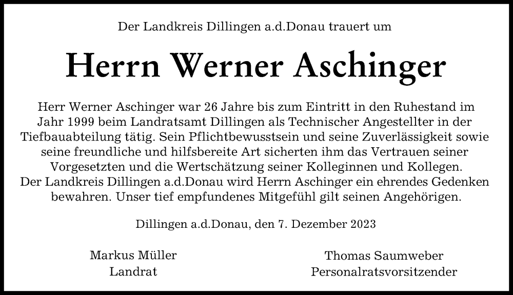  Traueranzeige für Werner Aschinger vom 07.12.2023 aus Donau Zeitung