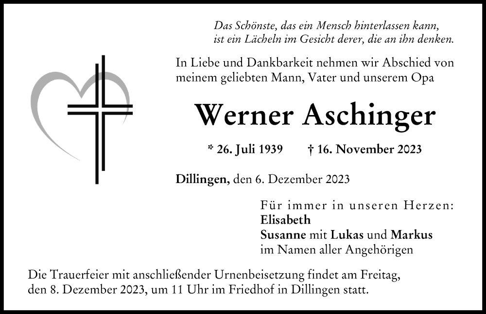  Traueranzeige für Werner Aschinger vom 06.12.2023 aus Donau Zeitung
