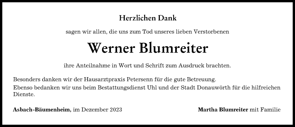  Traueranzeige für Werner Blumreiter vom 09.12.2023 aus Donauwörther Zeitung