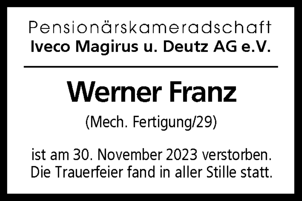  Traueranzeige für Werner Franz vom 11.12.2023 aus Illertisser Zeitung, Günzburger Zeitung, Neu-Ulmer Zeitung