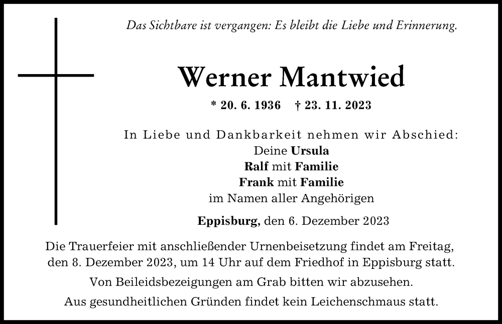  Traueranzeige für Werner Mantwied vom 06.12.2023 aus Wertinger Zeitung, Donau Zeitung
