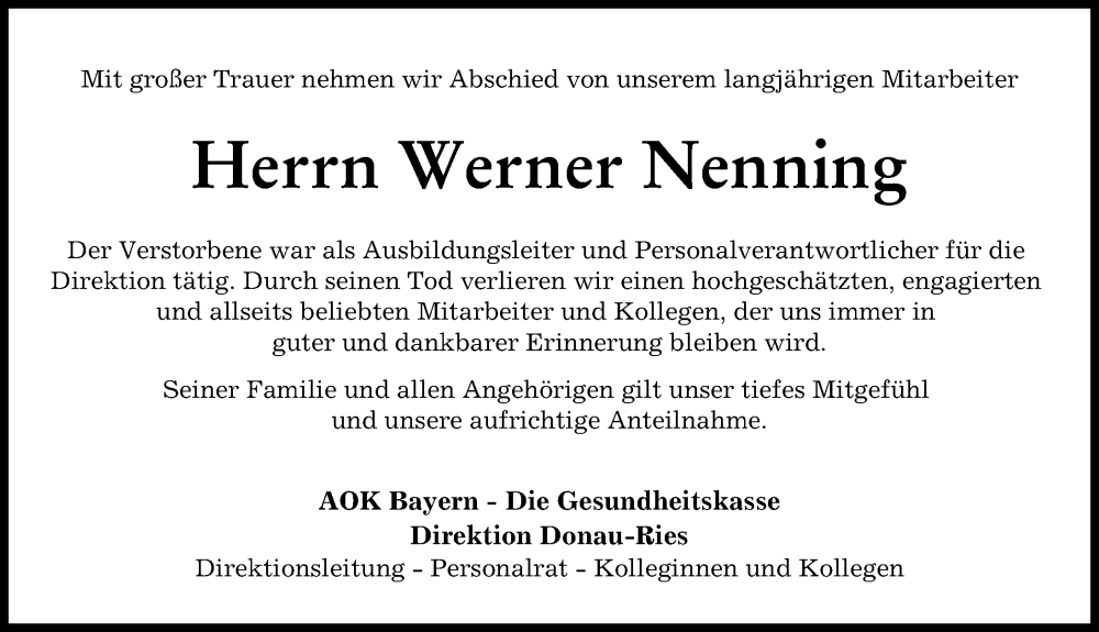 Traueranzeige von Werner Nenning von Rieser Nachrichten, Donauwörther Zeitung