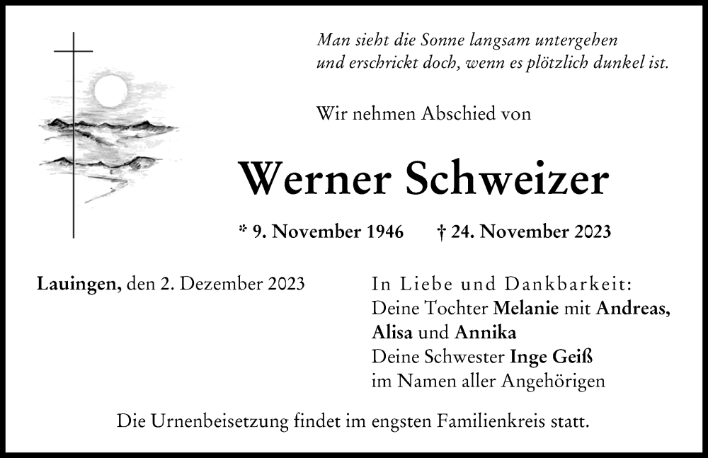  Traueranzeige für Werner Schweizer vom 02.12.2023 aus Donau Zeitung