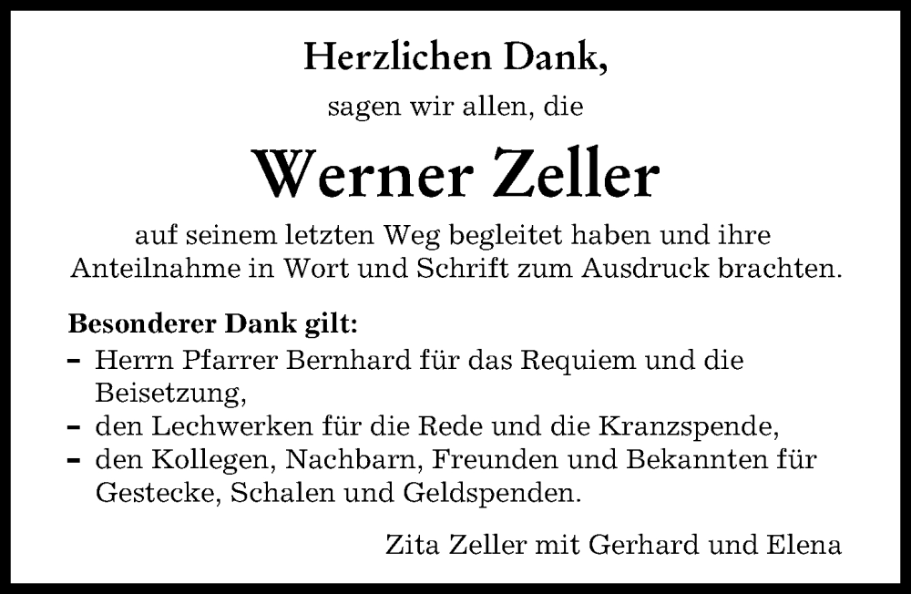 Traueranzeige von Werner Zeller von Augsburger Allgemeine