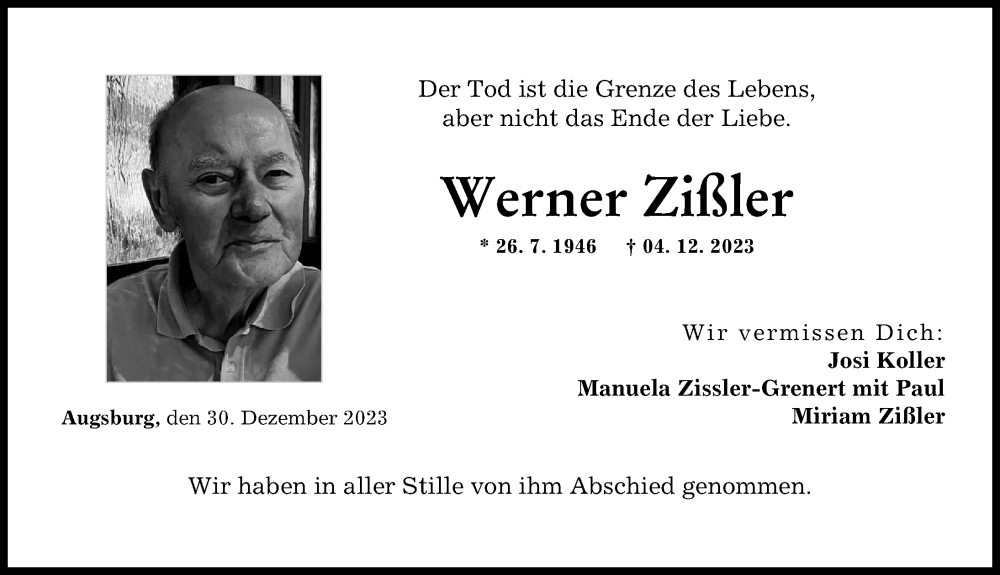 Traueranzeige von Werner Zißler von Augsburger Allgemeine