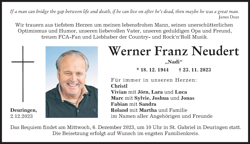  Traueranzeige für Werner Franz Neudert vom 02.12.2023 aus Augsburger Allgemeine