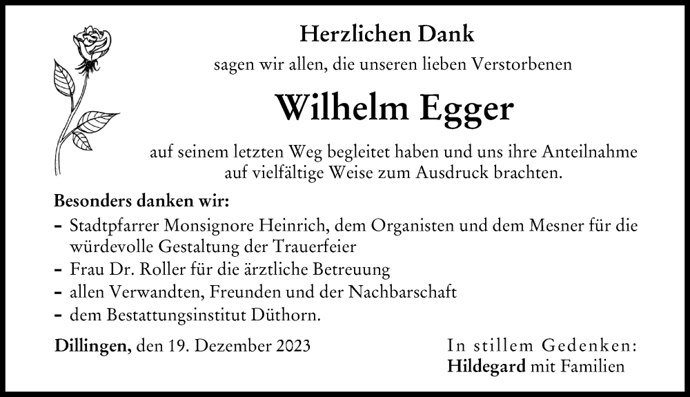 Traueranzeige von Wilhelm Egger von Wertinger Zeitung, Donau Zeitung