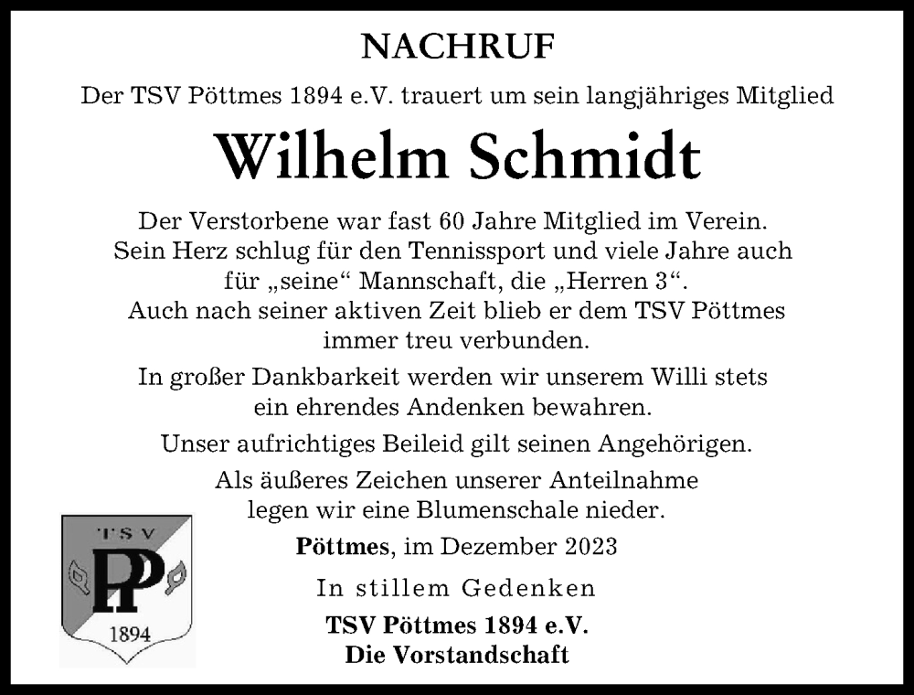  Traueranzeige für Wilhelm Schmidt vom 09.12.2023 aus Aichacher Nachrichten