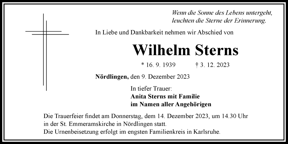  Traueranzeige für Wilhelm Sterns vom 09.12.2023 aus Rieser Nachrichten