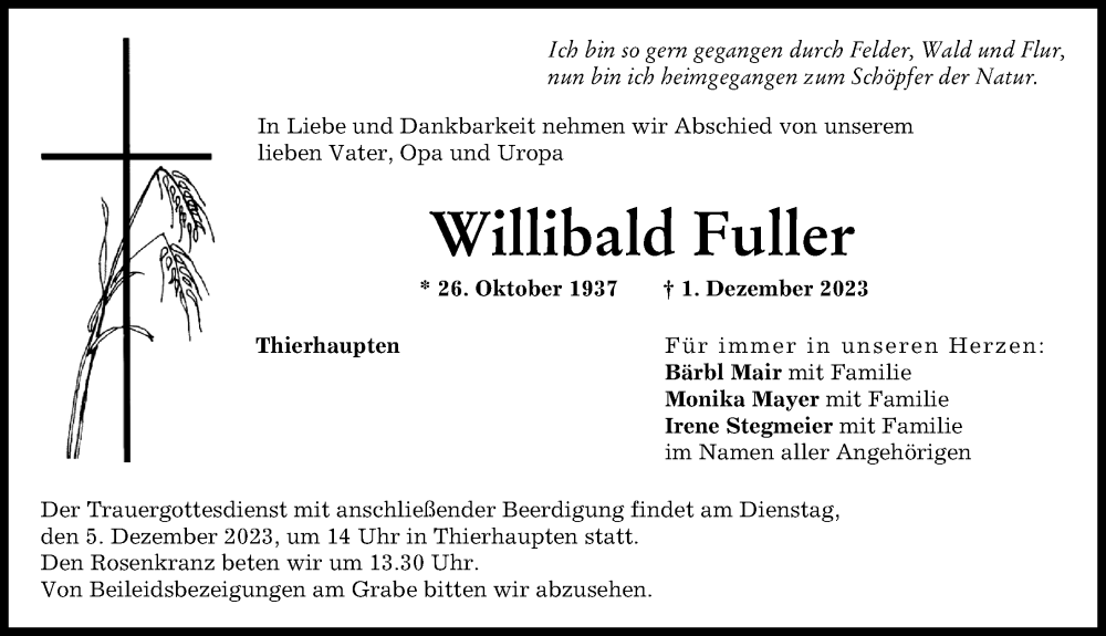  Traueranzeige für Willibald Fuller vom 02.12.2023 aus Augsburg-Land