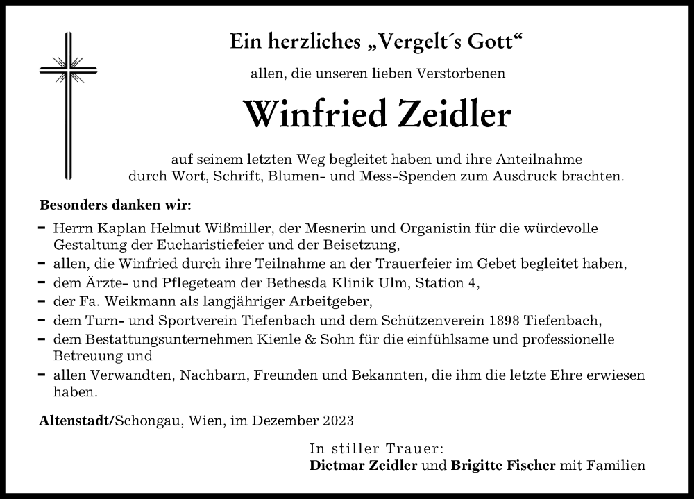 Traueranzeige von Winfried Zeidler von Illertisser Zeitung