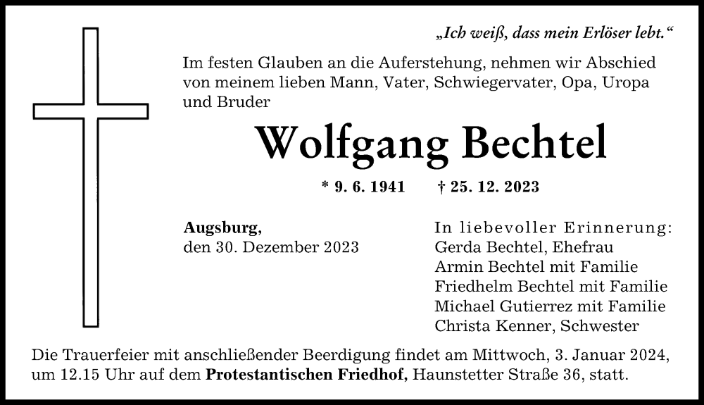 Traueranzeige von Wolfgang Bechtel von Augsburger Allgemeine