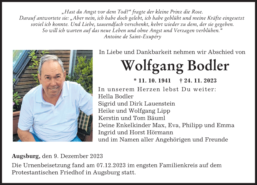  Traueranzeige für Wolfgang Bodler vom 09.12.2023 aus Augsburger Allgemeine