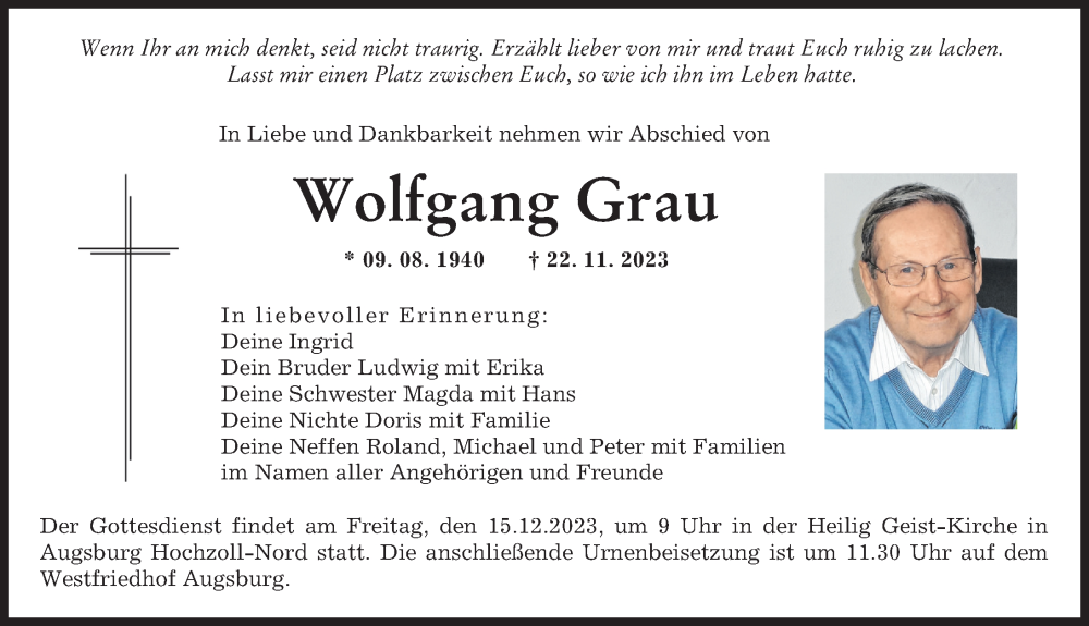  Traueranzeige für Wolfgang Grau vom 09.12.2023 aus Augsburger Allgemeine