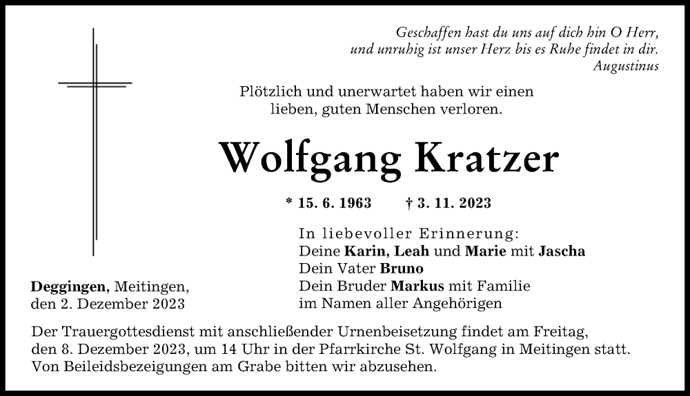  Traueranzeige für Wolfgang Kratzer vom 02.12.2023 aus Augsburg-Land