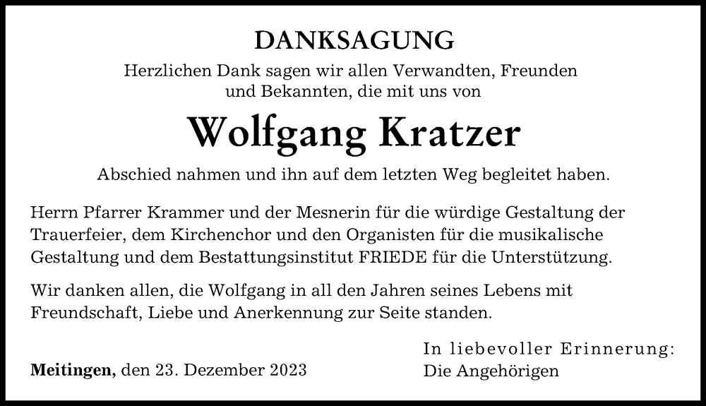  Traueranzeige für Wolfgang Kratzer vom 23.12.2023 aus Augsburg-Land