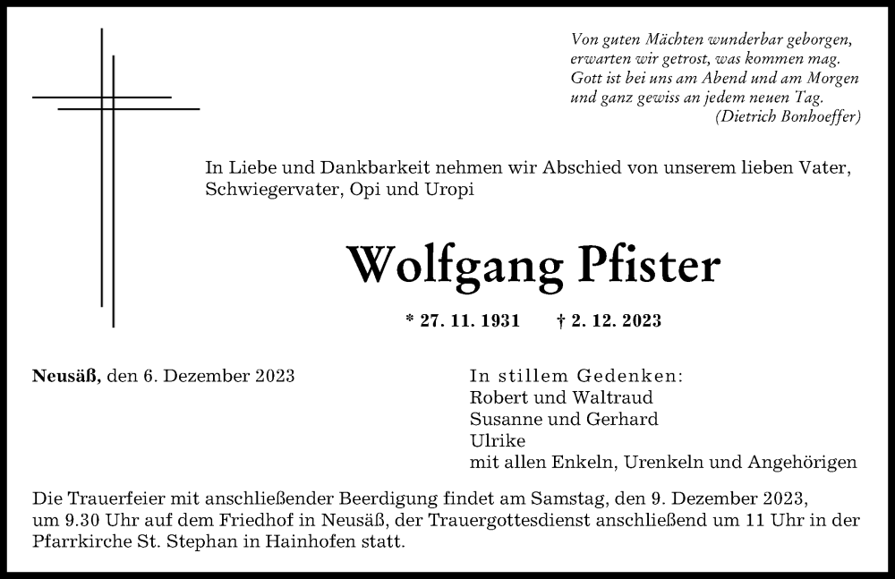  Traueranzeige für Wolfgang Pfister vom 06.12.2023 aus Augsburger Allgemeine