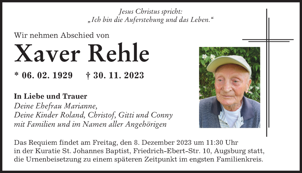  Traueranzeige für Xaver Rehle vom 06.12.2023 aus Augsburger Allgemeine