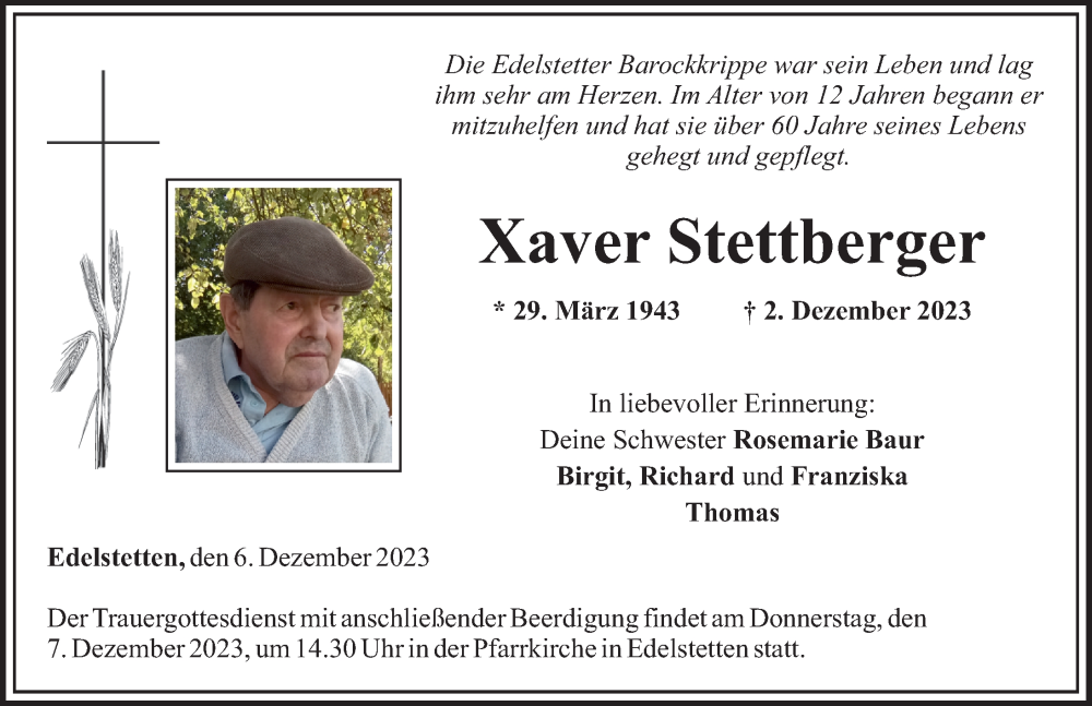  Traueranzeige für Xaver Stettberger vom 06.12.2023 aus Mittelschwäbische Nachrichten
