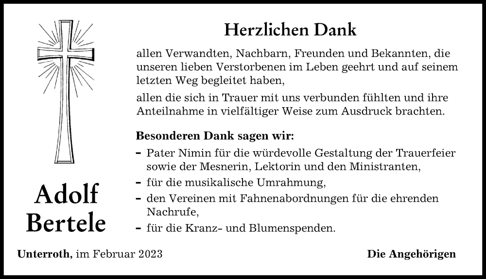  Traueranzeige für Adolf Bertele vom 23.02.2023 aus Illertisser Zeitung