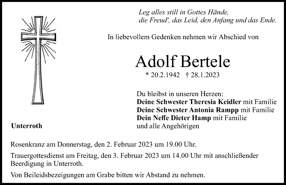  Traueranzeige für Adolf Bertele vom 01.02.2023 aus Illertisser Zeitung