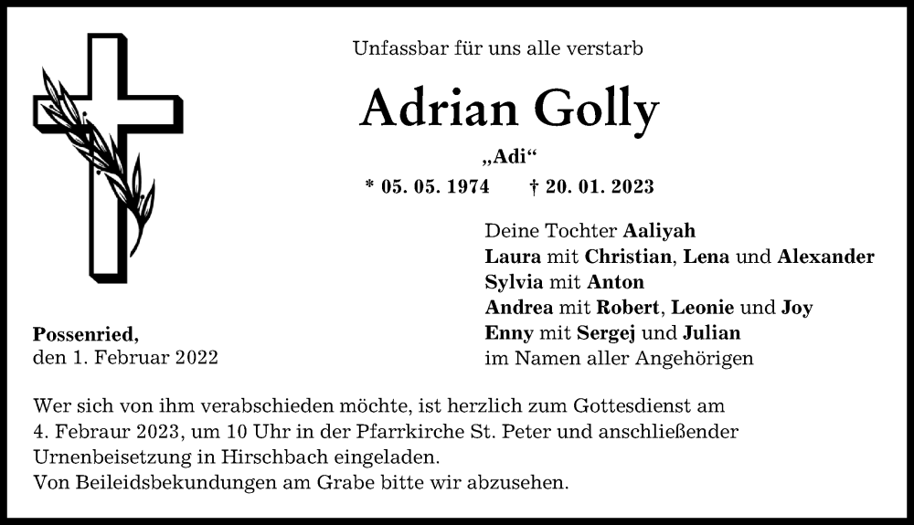  Traueranzeige für Adrian Golly vom 01.02.2023 aus Wertinger Zeitung, Augsburg-Land