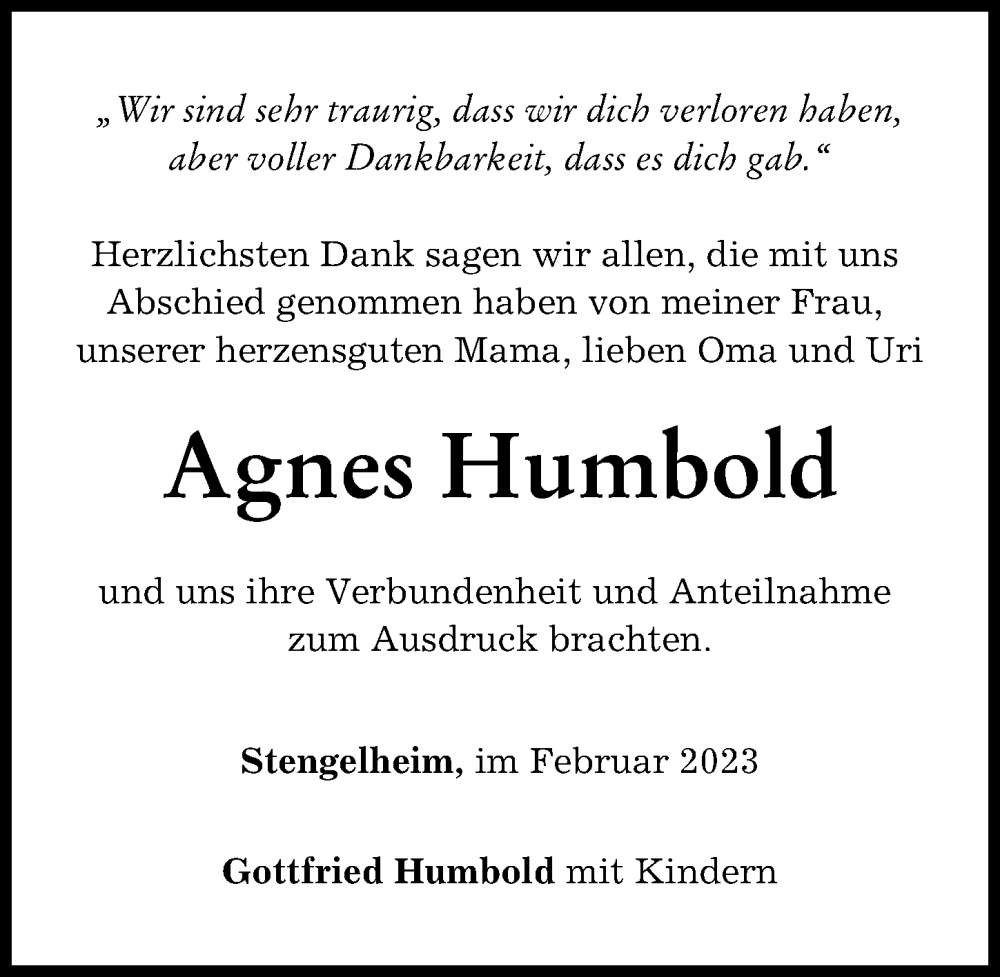  Traueranzeige für Agnes Humbold vom 11.02.2023 aus Neuburger Rundschau