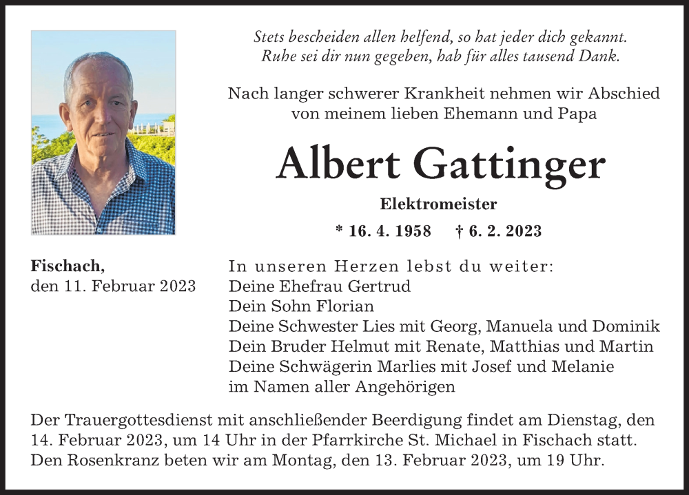  Traueranzeige für Albert Gattinger vom 11.02.2023 aus Augsburger Allgemeine