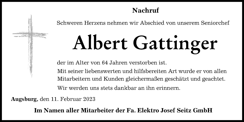  Traueranzeige für Albert Gattinger vom 11.02.2023 aus Augsburger Allgemeine