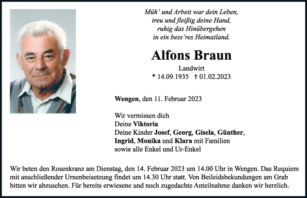  Traueranzeige für Alfons Braun vom 11.02.2023 aus Neuburger Rundschau