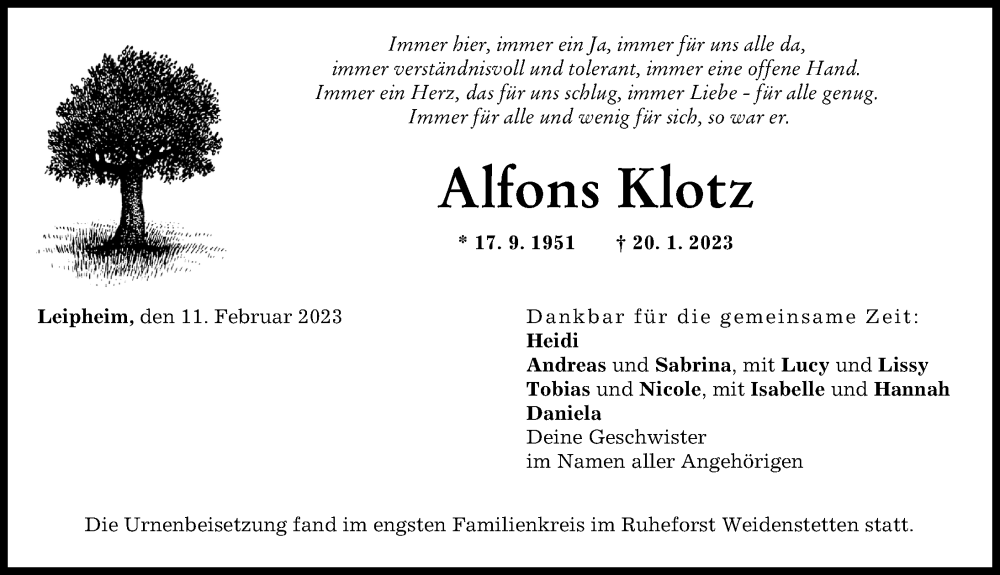 Traueranzeige von Alfons Klotz von Günzburger Zeitung