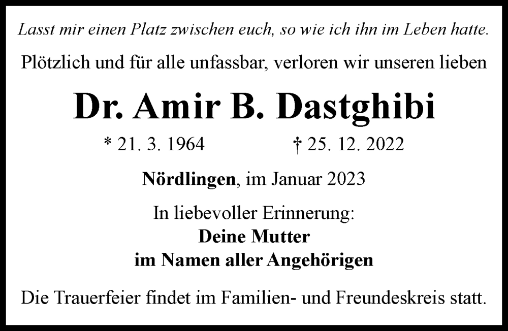  Traueranzeige für Amir B. Dastghibi vom 31.01.2023 aus Rieser Nachrichten