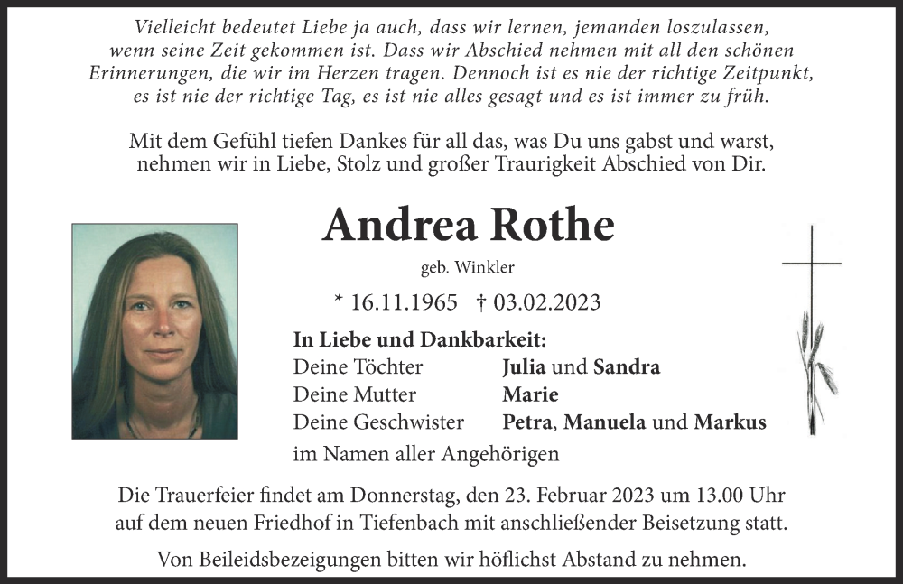  Traueranzeige für Andrea Rothe vom 20.02.2023 aus Illertisser Zeitung