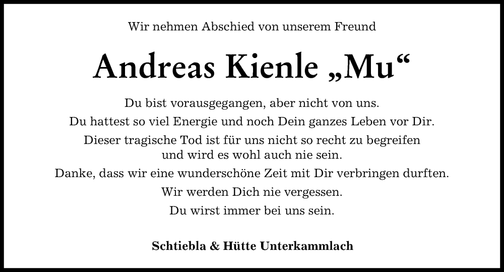  Traueranzeige für Andreas Kienle vom 16.02.2023 aus Mindelheimer Zeitung