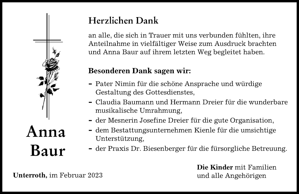  Traueranzeige für Anna Baur vom 02.02.2023 aus Illertisser Zeitung