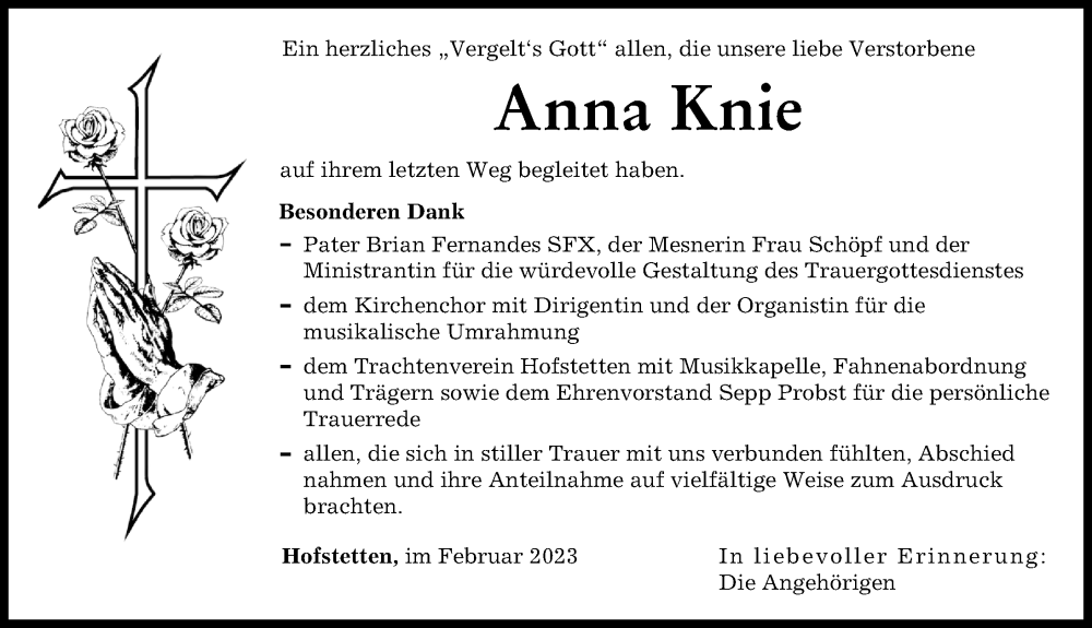  Traueranzeige für Anna Knie vom 11.02.2023 aus Landsberger Tagblatt