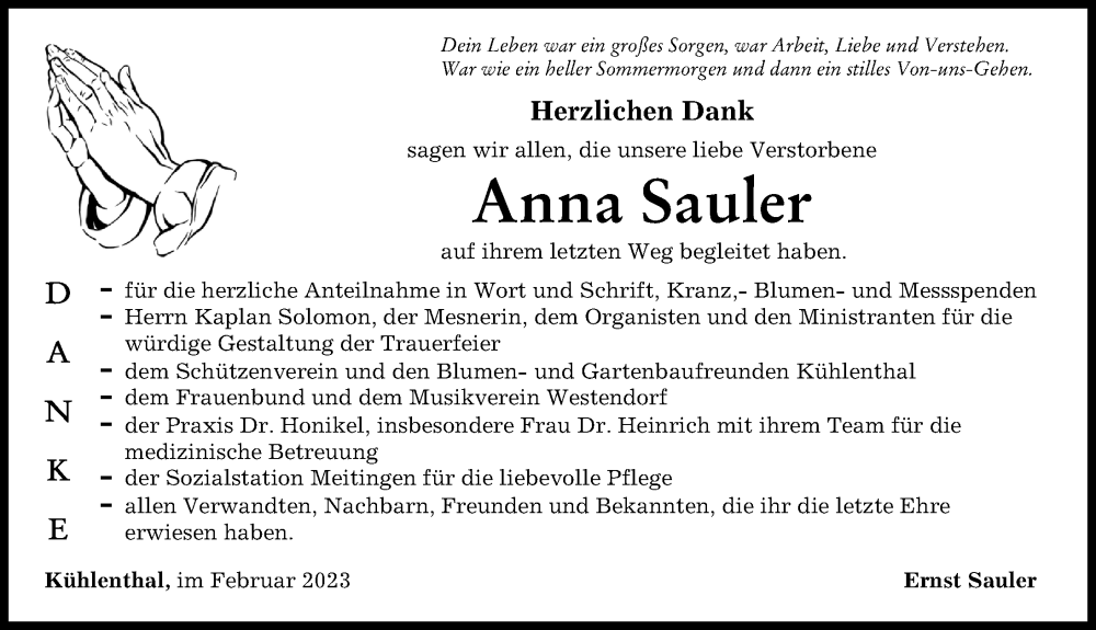  Traueranzeige für Anna Sauler vom 10.02.2023 aus Augsburg-Land