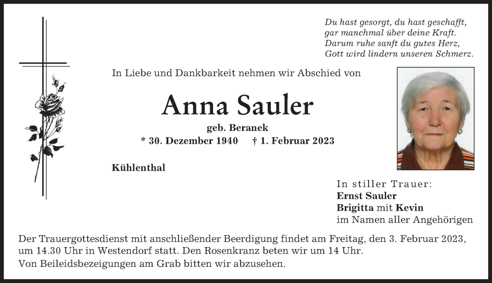  Traueranzeige für Anna Sauler vom 02.02.2023 aus Augsburg-Land