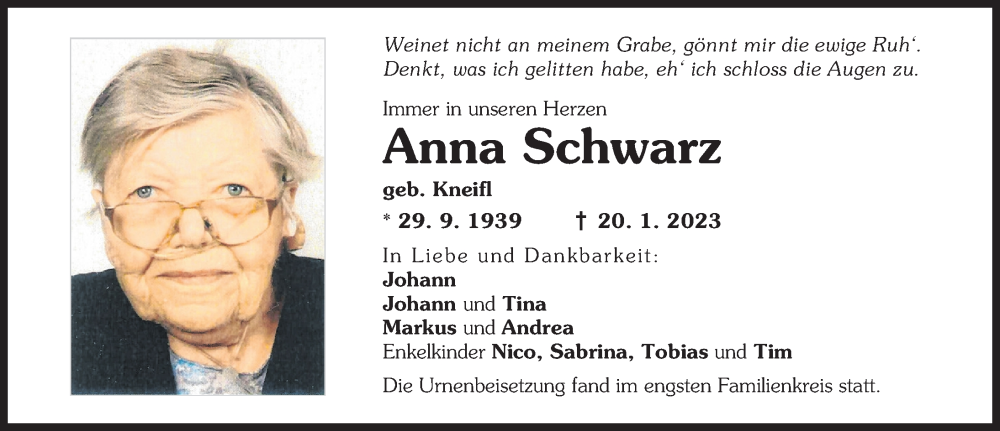 Traueranzeige von Anna Schwarz von Friedberger Allgemeine