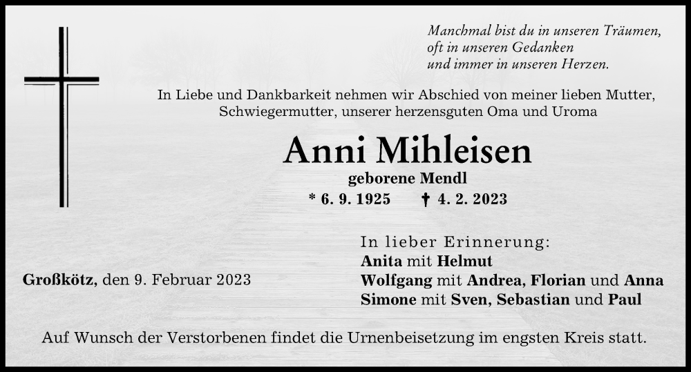  Traueranzeige für Anni Mihleisen vom 09.02.2023 aus Günzburger Zeitung