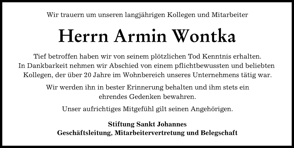  Traueranzeige für Armin Wontka vom 01.02.2023 aus Donauwörther Zeitung