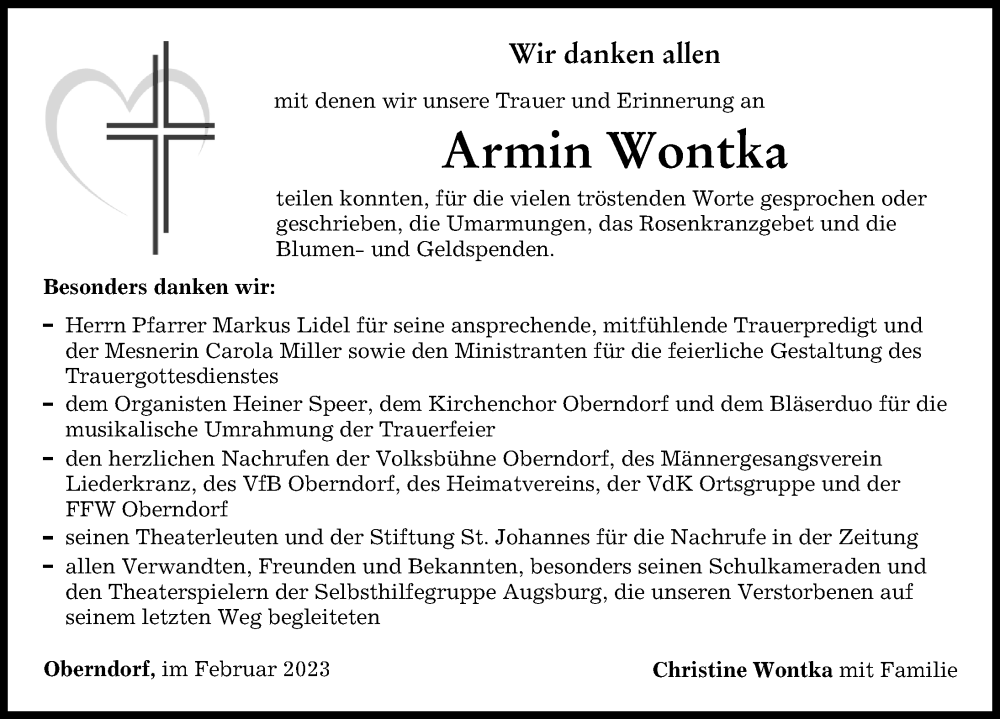  Traueranzeige für Armin Wontka vom 11.02.2023 aus Donauwörther Zeitung