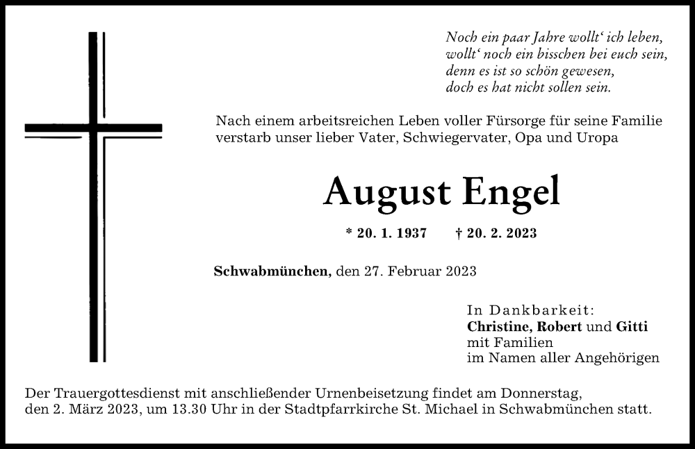 Traueranzeige von August Engel von Schwabmünchner Allgemeine