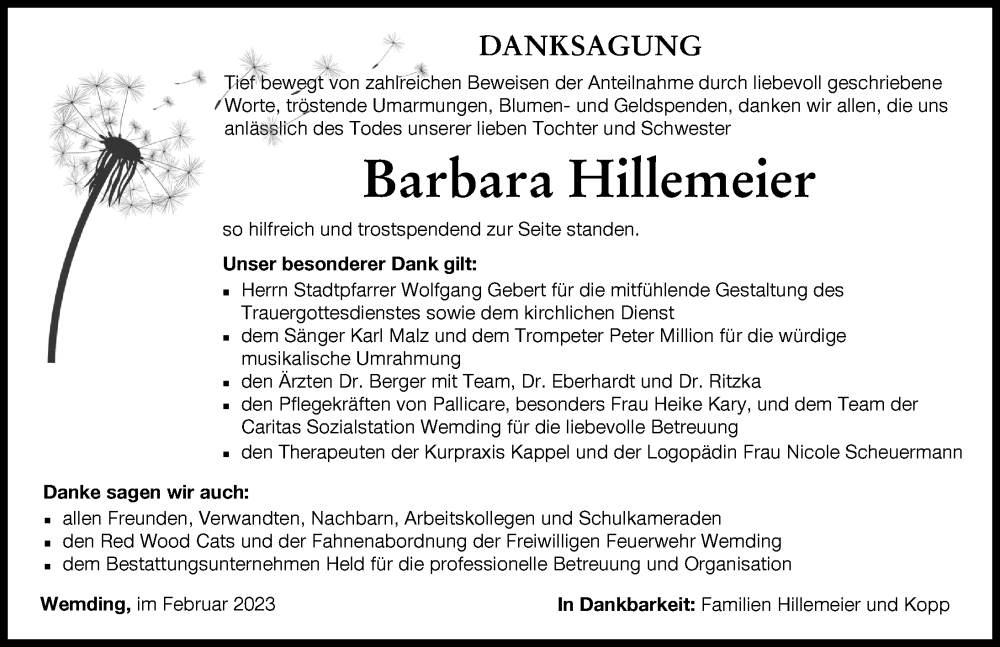  Traueranzeige für Barbara Hillemeier vom 18.02.2023 aus Donauwörther Zeitung
