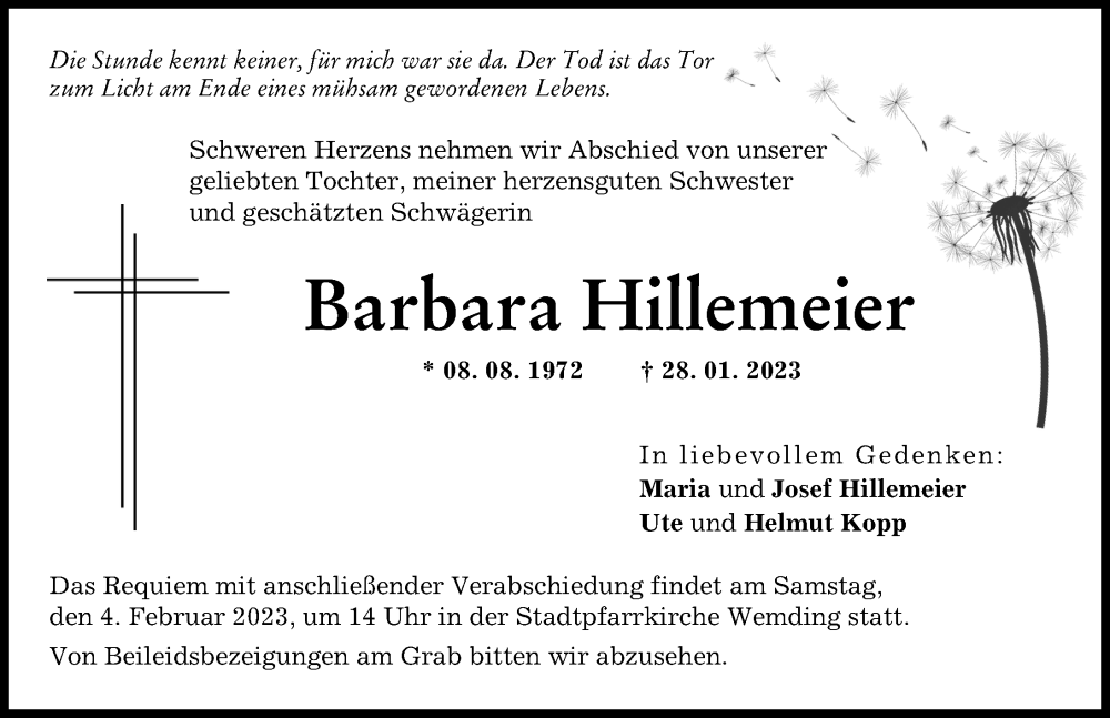  Traueranzeige für Barbara Hillemeier vom 01.02.2023 aus Donauwörther Zeitung
